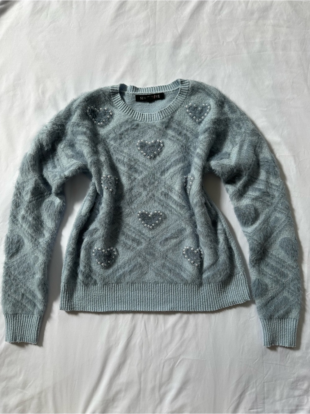Sew In Love Light Blue Fuzzy Heart-Pearl Beaded Sweater